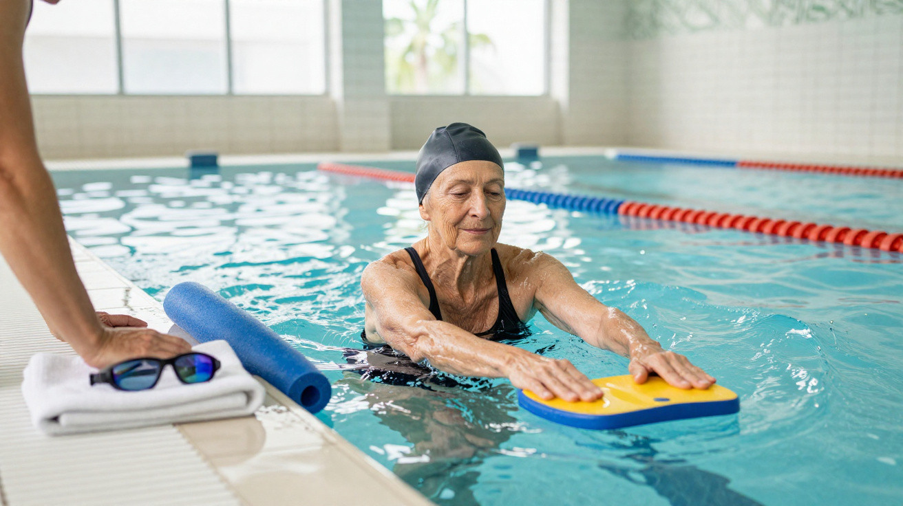 Mulher idosa com touca de natação na piscina, a usar prancha de treino para exercícios aquáticos.