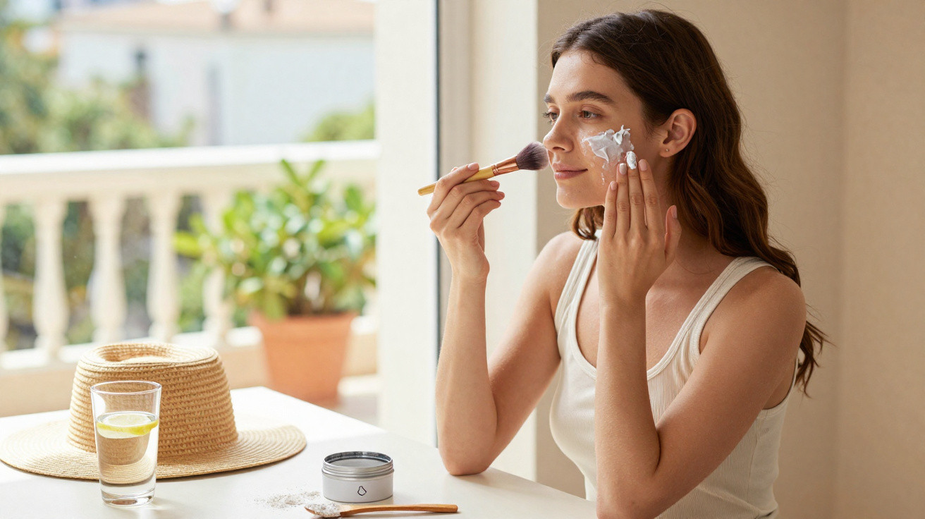 Mulher a aplicar creme no rosto com um pincel, junto a uma janela com plantas e um chapéu na mesa.