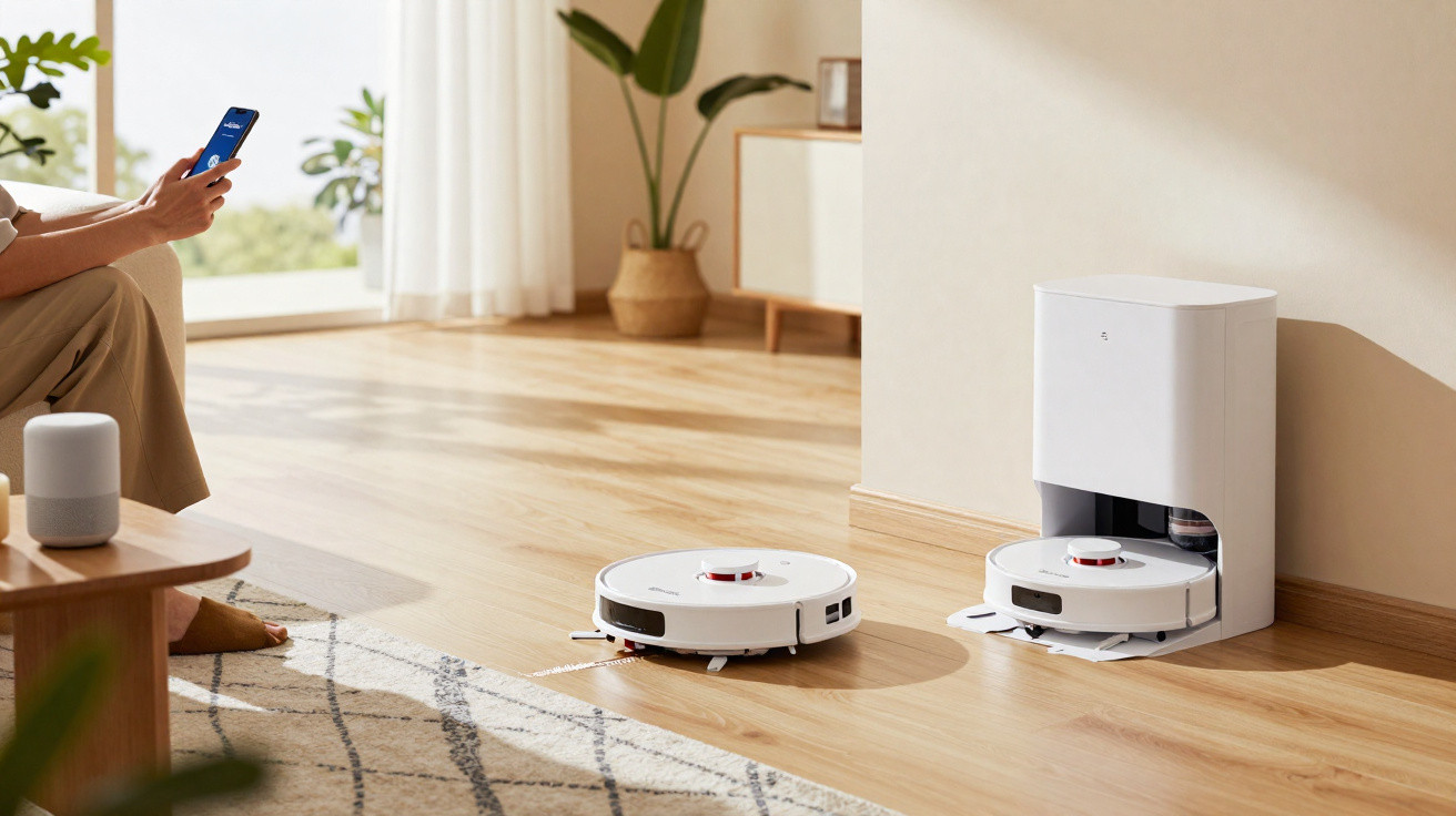Aspiradores robot a limpar chão de madeira num ambiente moderno com iluminação natural e uma pessoa a usar telemóvel.