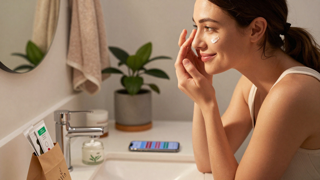 Mulher a aplicar creme facial no rosto numa casa de banho com espelho e planta decorativa.
