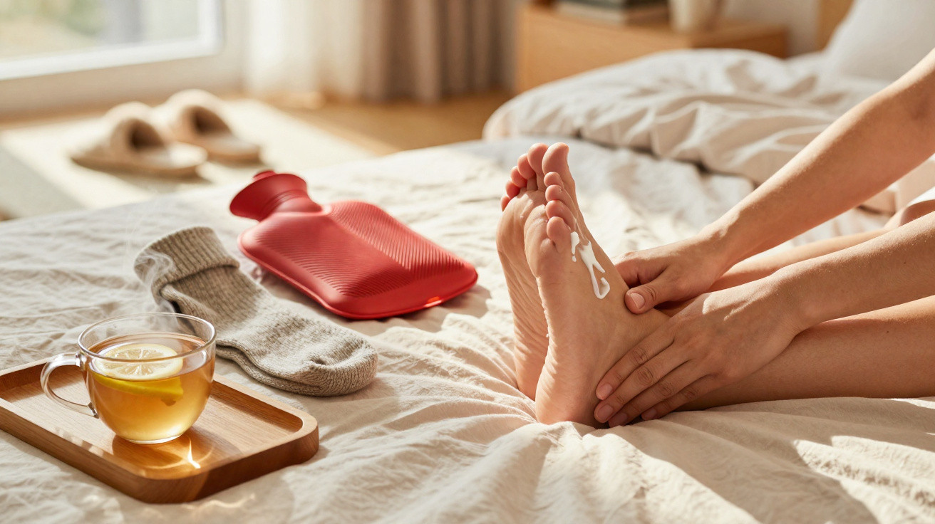 Pessoa a aplicar creme nos pés numa cama, com meias, bolsa de água quente e chá com limão ao lado.