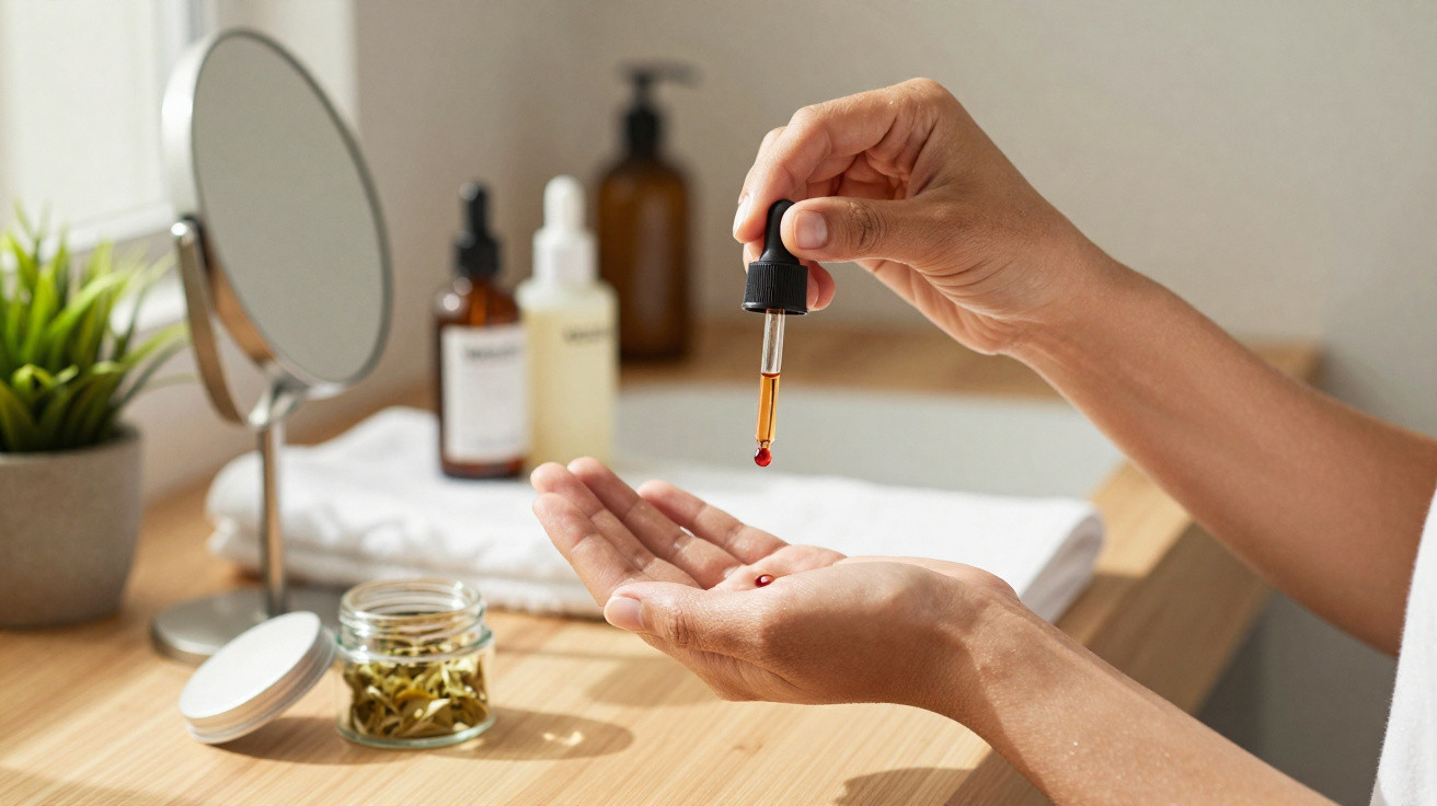 Pessoa a aplicar sérum com conta-gotas nas mãos junto a espelho e frascos de cosméticos numa mesa de madeira.
