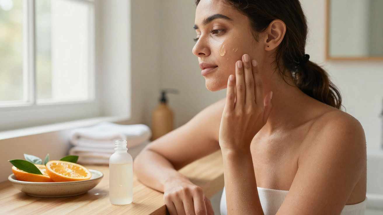 Mulher a aplicar sérum facial, sentada junto a uma mesa com laranjas cortadas e frasco de vidro.