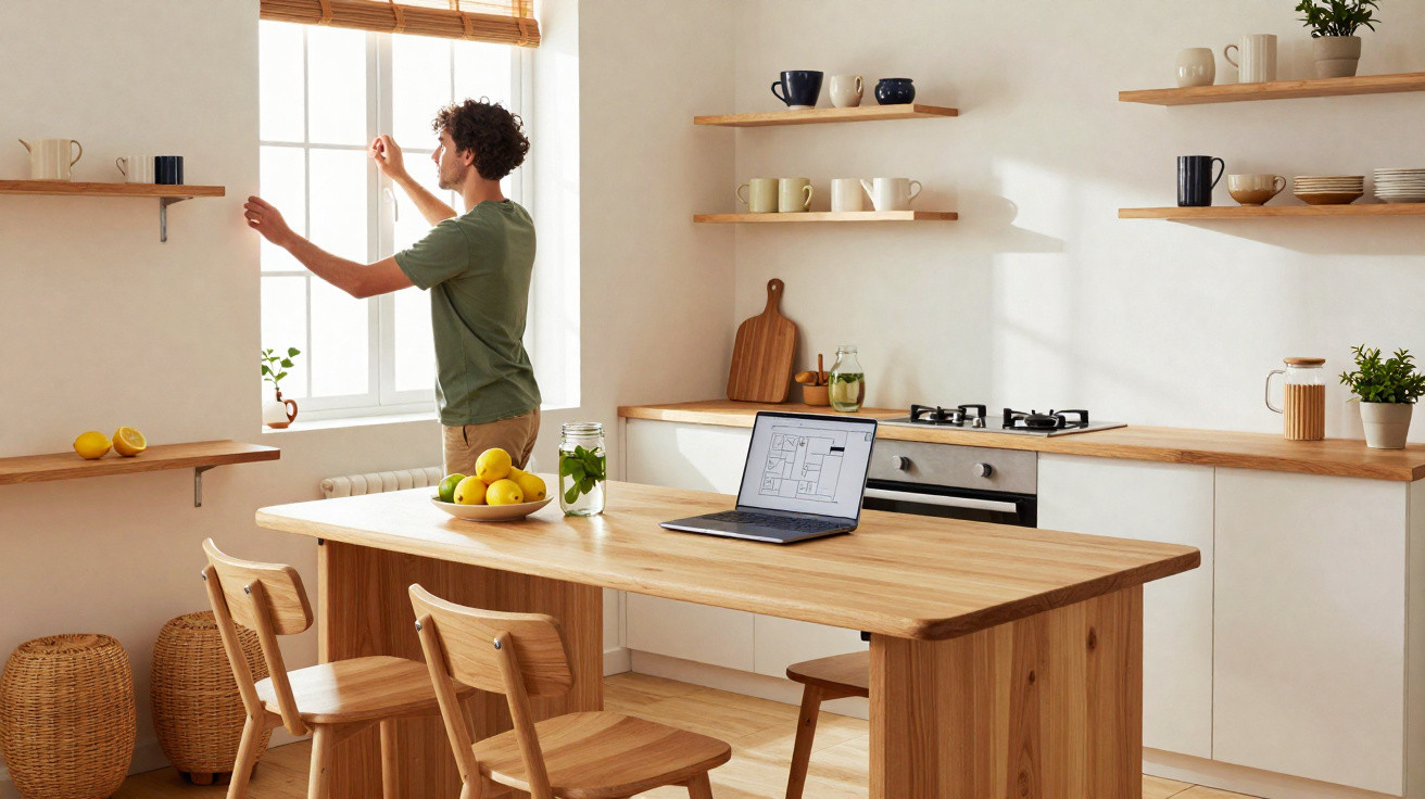 Homem a abrir a janela numa cozinha moderna com móveis e mesas de madeira clara.