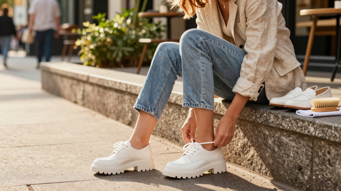 Pessoa sentada num passeio a calçar sapatos brancos com atacadores, com calças de ganga e blazer bege.
