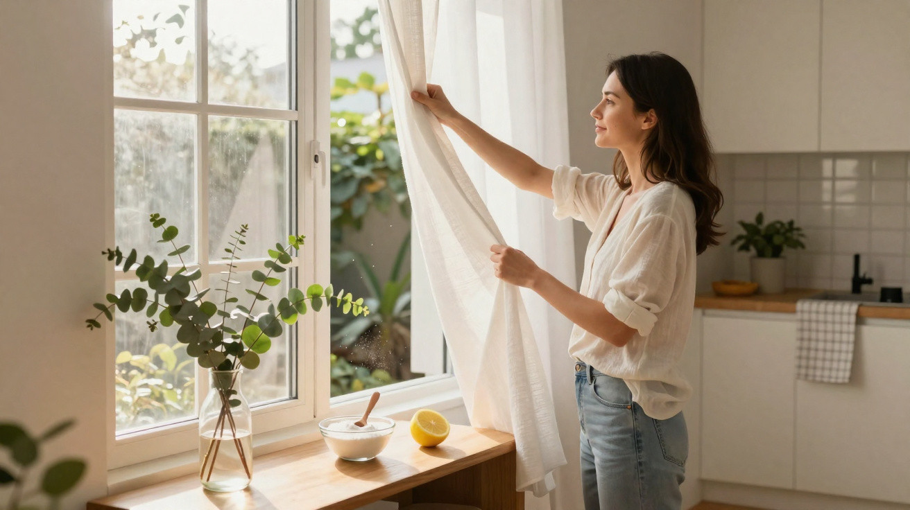 Mulher a abrir cortinas de montra de pedra enquanto vê jardim num dia ensolarado.