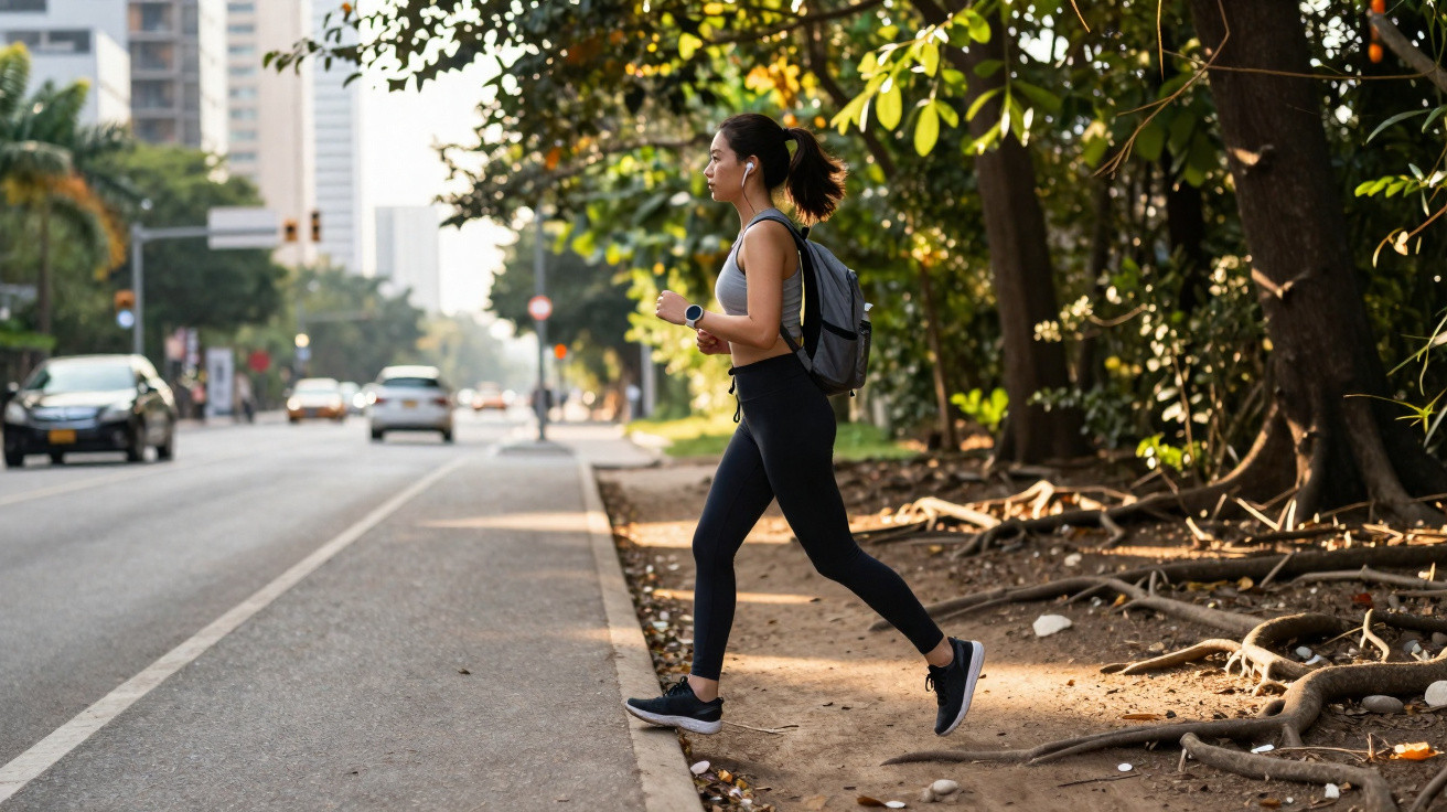 Mulher jovem com roupa desportiva e mochila atravessa estrada perto de árvores numa cidade.