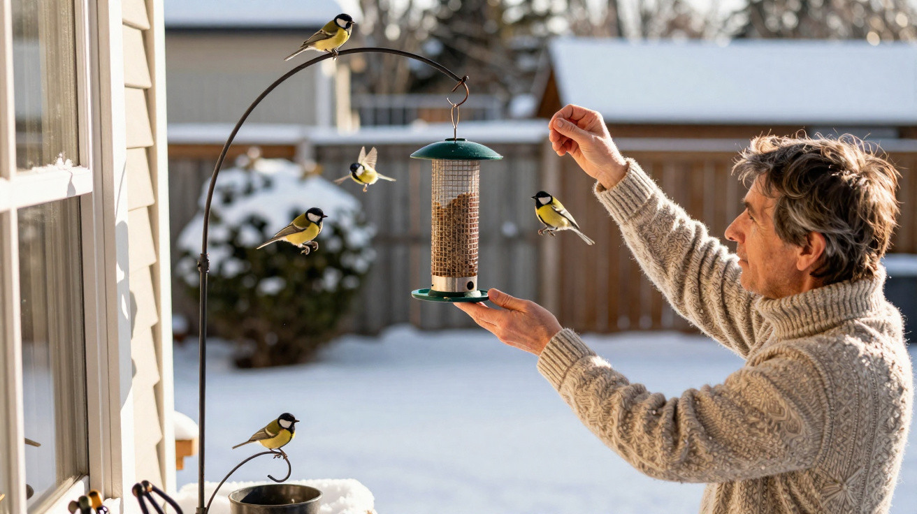 Homem alimenta pardais numa estação para aves no jardim com relva coberta de neve.
