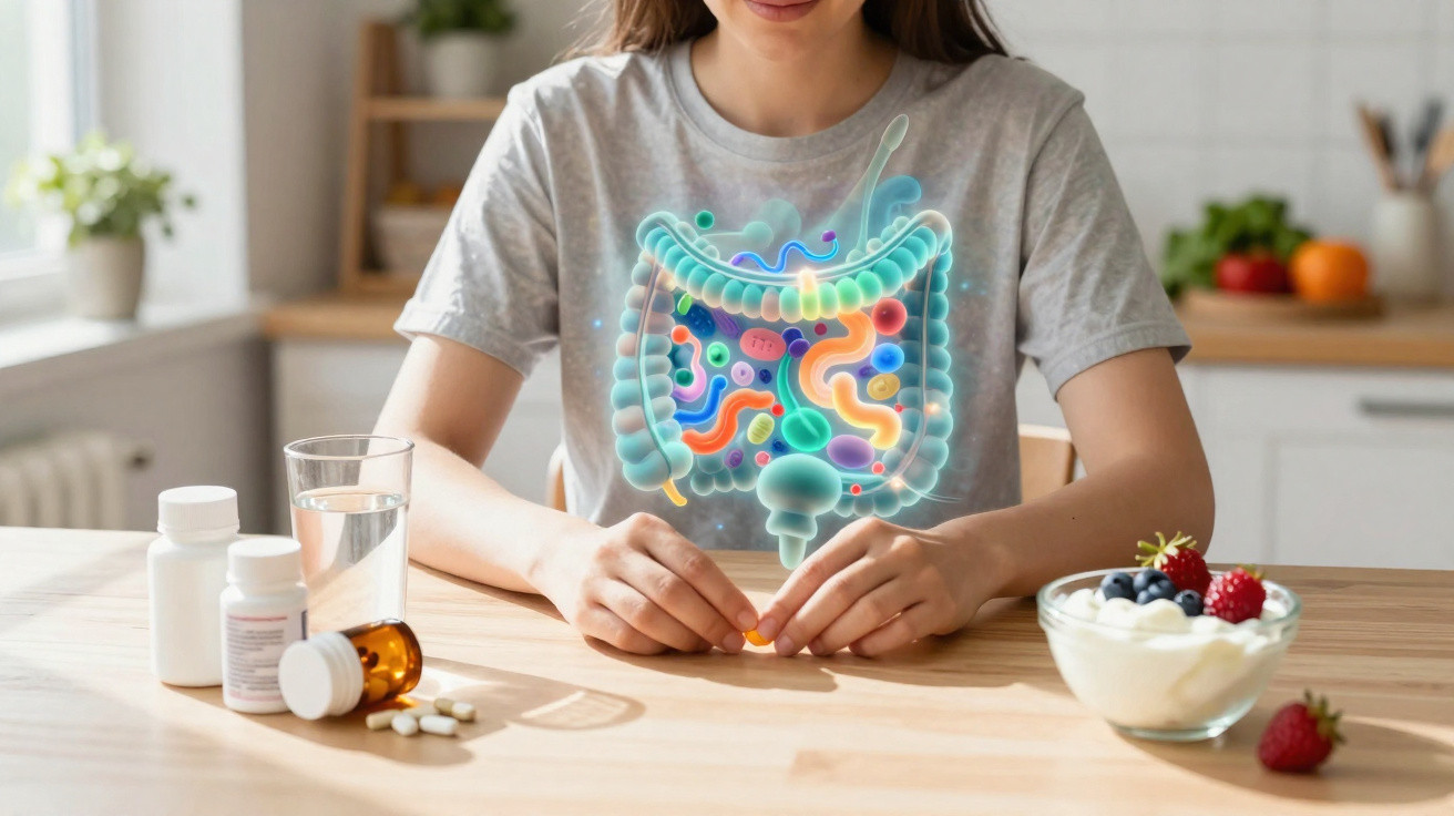 Mulher a tomar suplemento para saúde intestinal, com ilustração digital do sistema digestivo sobre o peito.