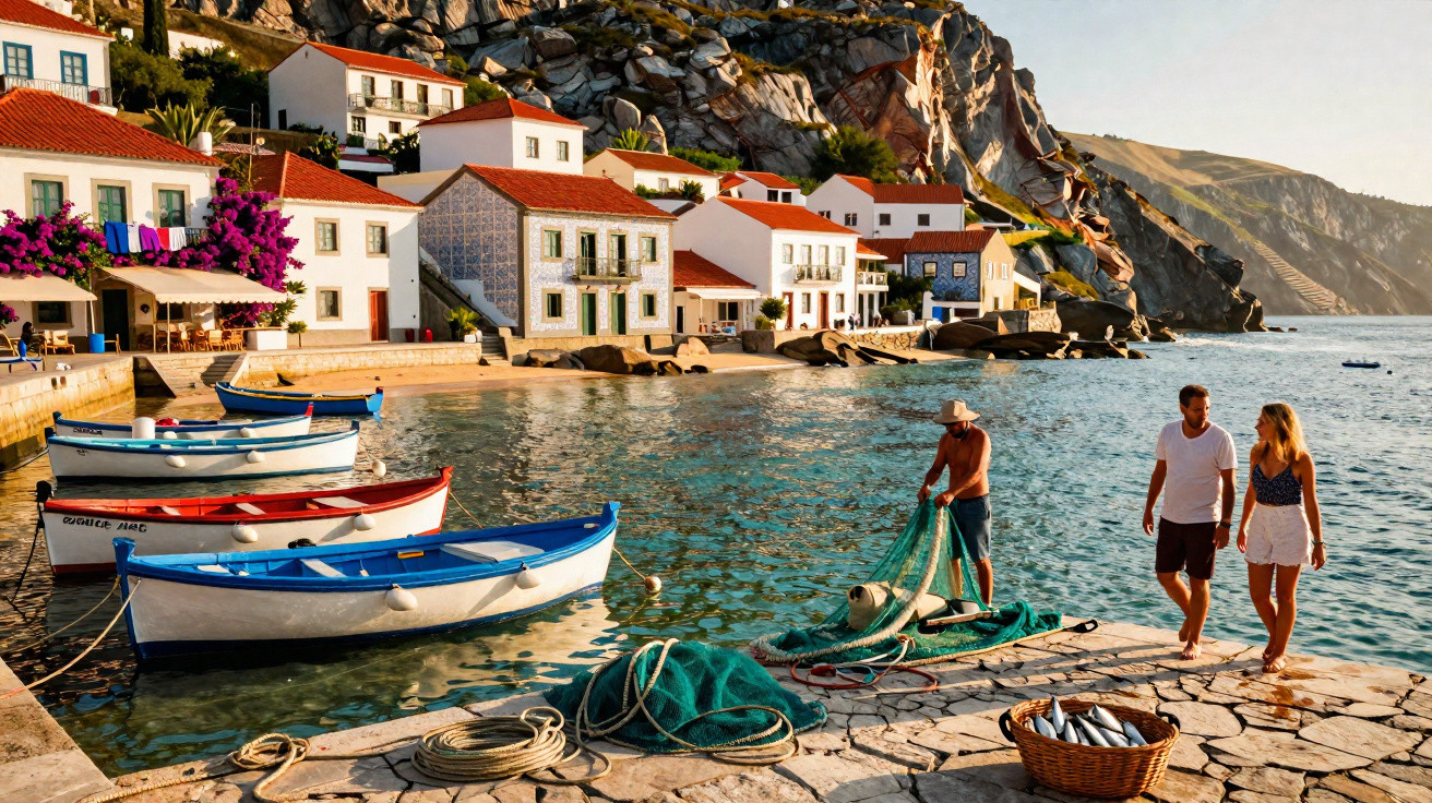 Marinheiro a trabalhar redes na costa com barcos coloridos e casal a passear perto de casas brancas junto ao mar.