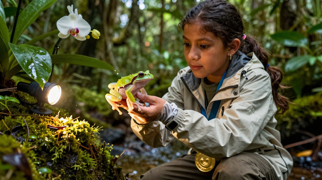 Menina observa de perto um sapo verde nas suas mãos numa floresta húmida com orquídea branca próxima.