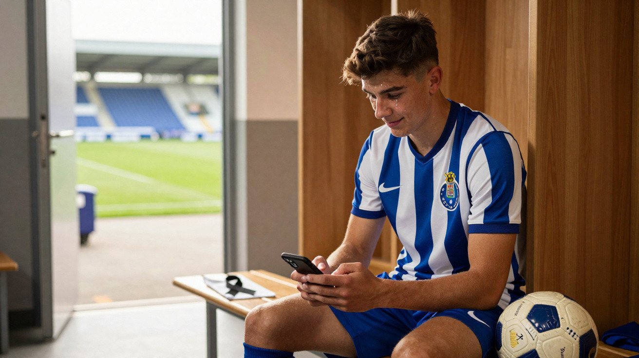 Jogador de futebol do FC Porto sentado no balneário a olhar para o telemóvel, com uma bola ao lado.
