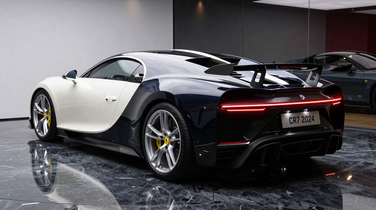 Carro desportivo Bugatti branco e preto estacionado interior com luz traseira LED e aerofólio elevado.