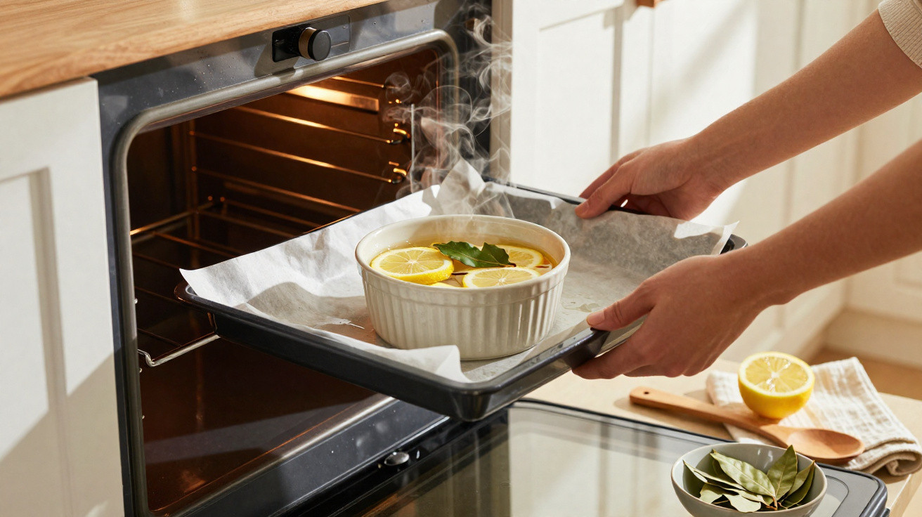 Mãos a retirar recipiente com comida quente, decorada com limão e ervas frescas, de forno a lenha moderno.