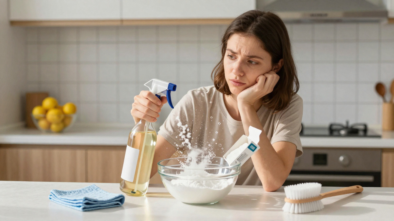 Mulher na cozinha a preparar mistura com bicarbonato de sódio e líquido num recipiente de vidro.