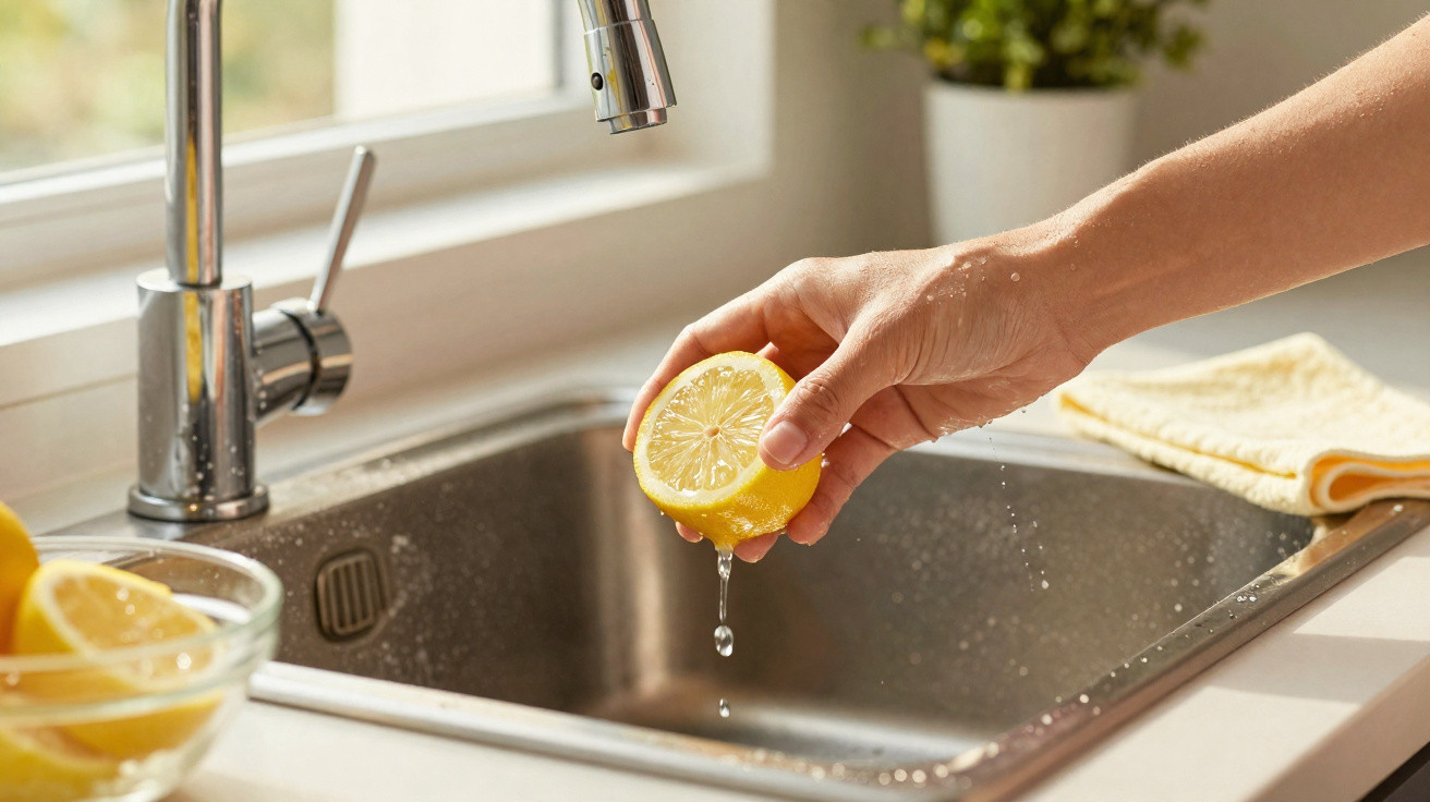 Mão a espremer meio limão sobre uma pia de cozinha em aço inox com torneira moderna junto à janela.