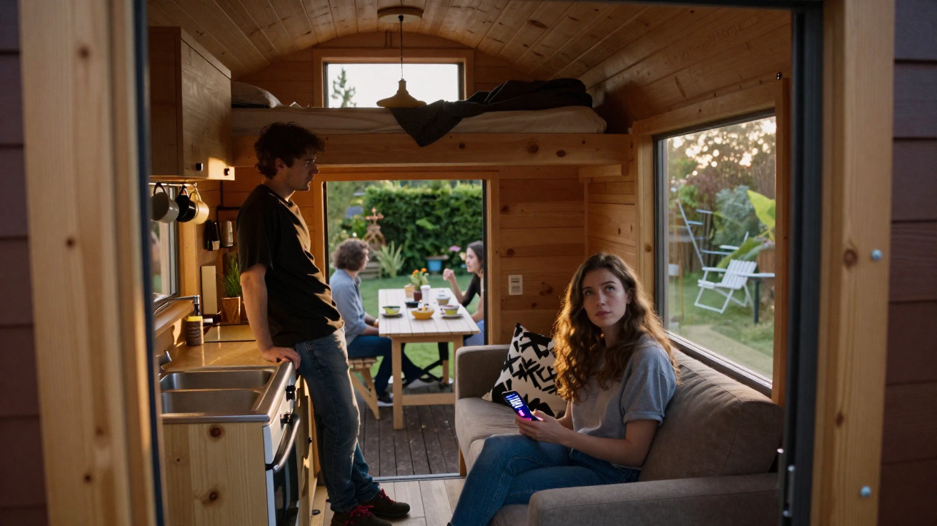 Interior de uma pequena casa em madeira com quatro pessoas a conversar e relaxar numa tarde.