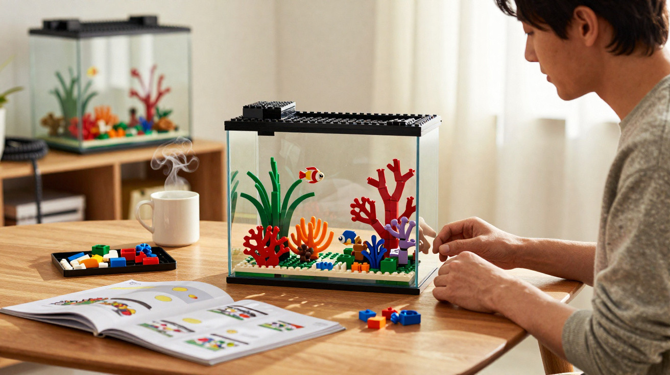 Pessoa a montar aquário de Lego com plantas e peixes coloridos numa mesa de madeira, com manual e chá quente ao lado.