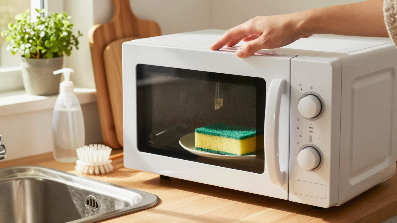 Micro-ondas branco com esponja dentro, ao lado de pia e dispensador de sabão na cozinha iluminada.