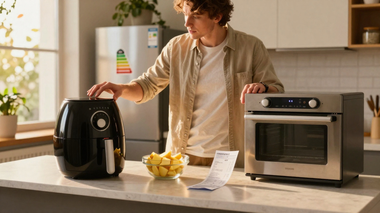 Homem a utilizar uma fritadeira elétrica em cozinha moderna com tacho de batatas e um forno ao lado.
