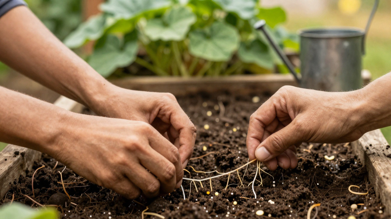 Duas mãos a plantar sementes e raízes em terra num canteiro de madeira com regador ao fundo.
