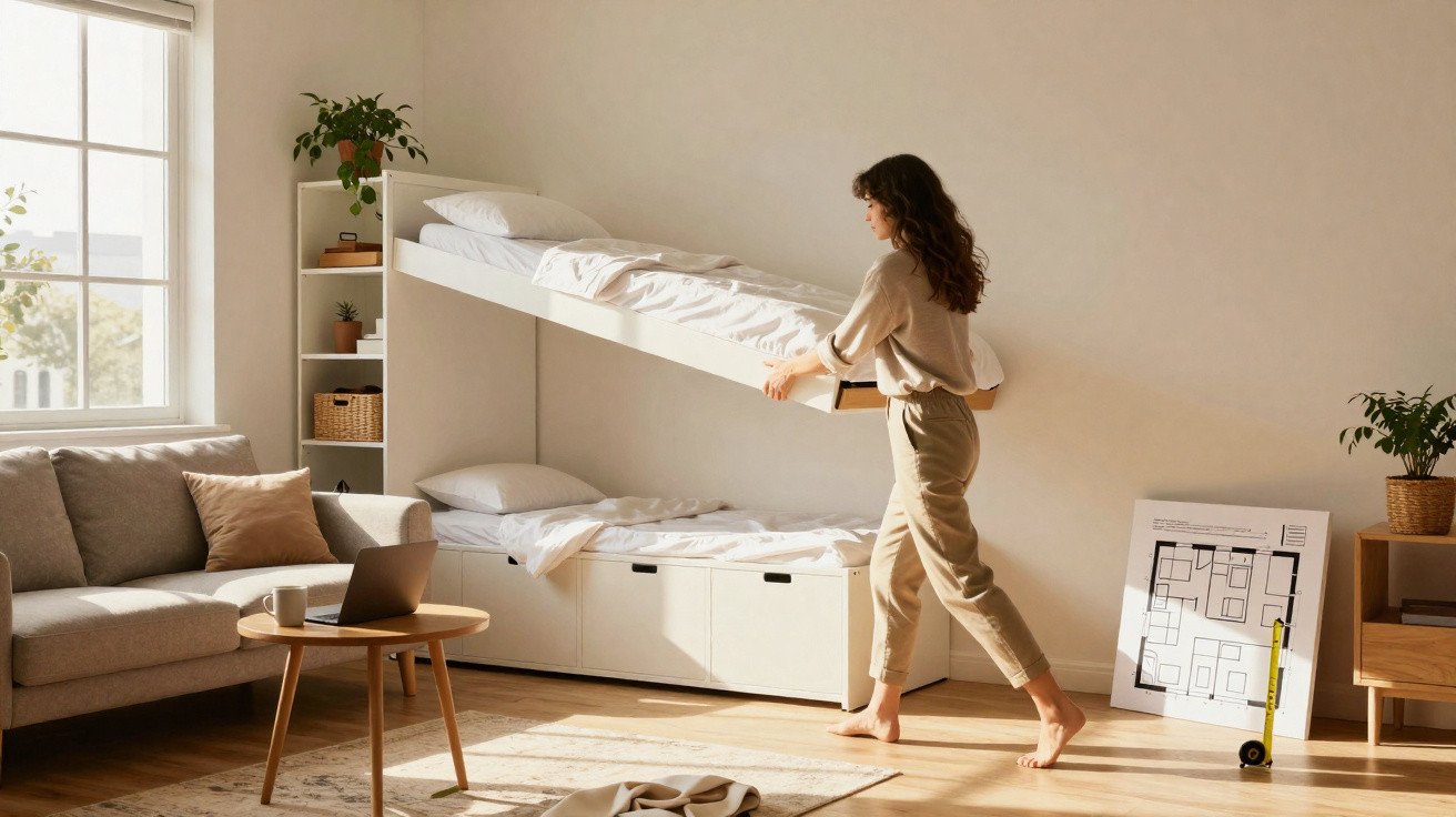 Mulher transforma cama dupla em cama individual num quarto moderno e iluminado com móveis claros.