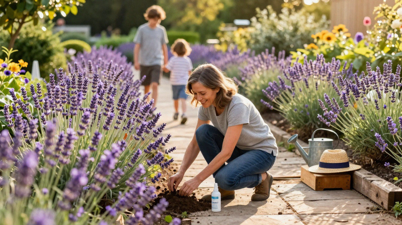 Mulher a plantar flores junto a canteiros de lavanda com crianças a caminhar ao fundo em jardim ensolarado.
