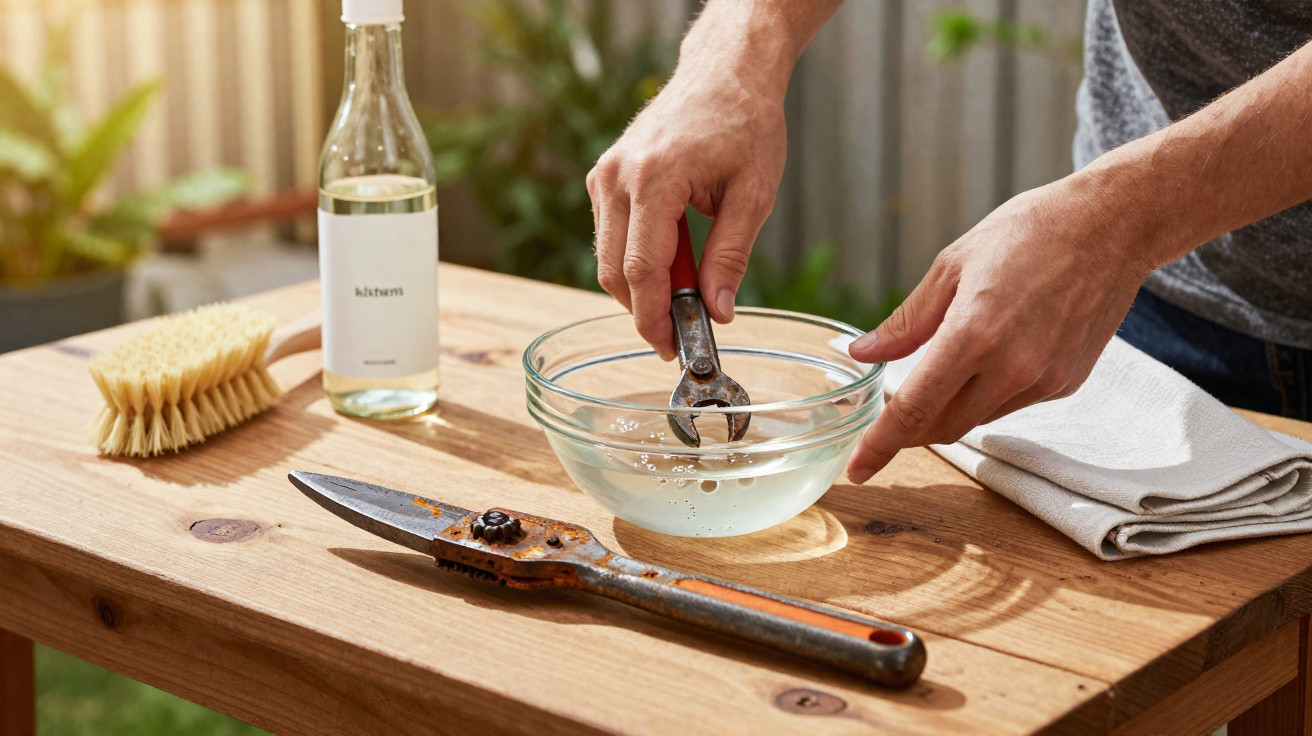 Pessoa a limpar uma ferramenta oxidada com líquido num recipiente de vidro sobre uma mesa de madeira.
