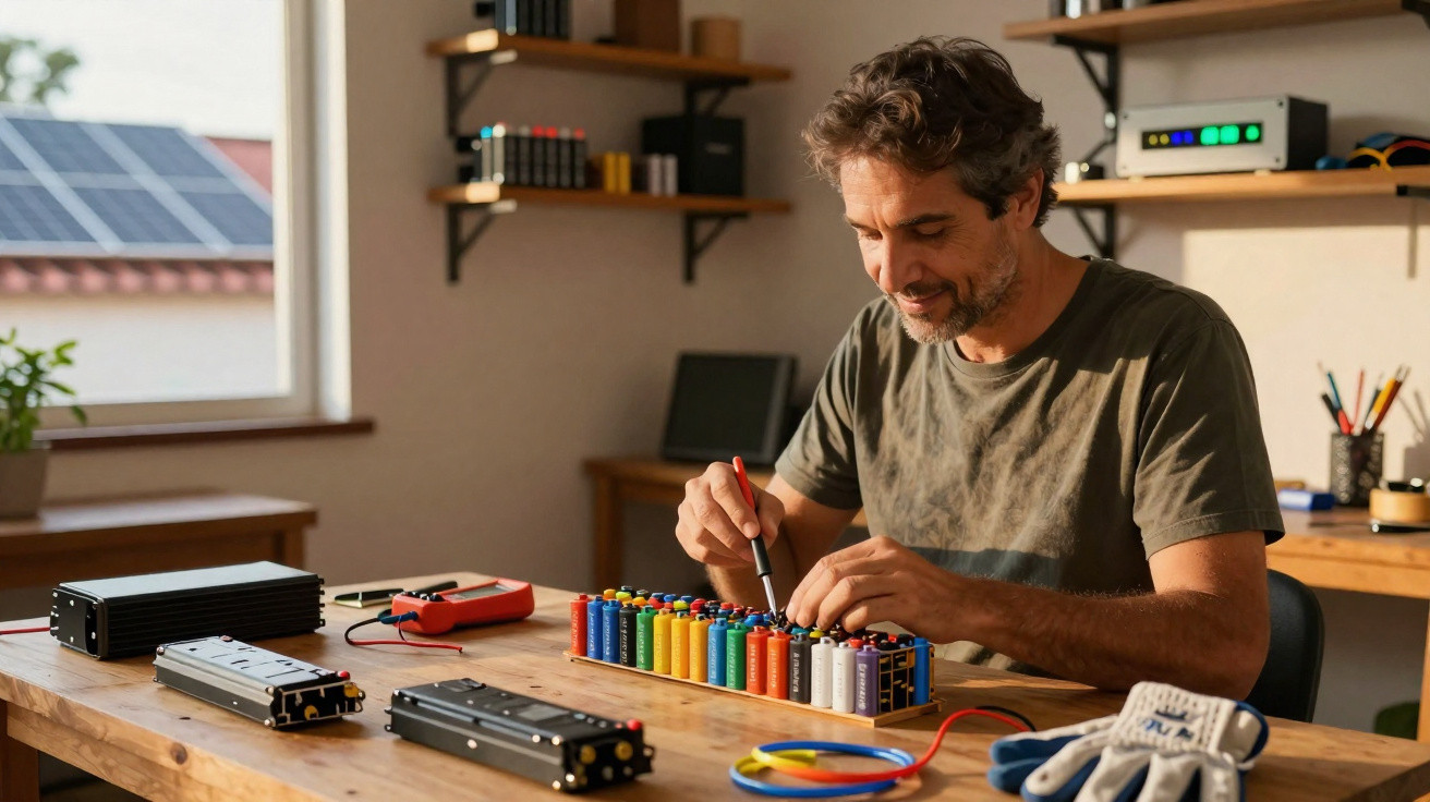 Homem a montar bateria de baterias coloridas numa mesa de trabalho com ferramentas e equipamentos eletrónicos.