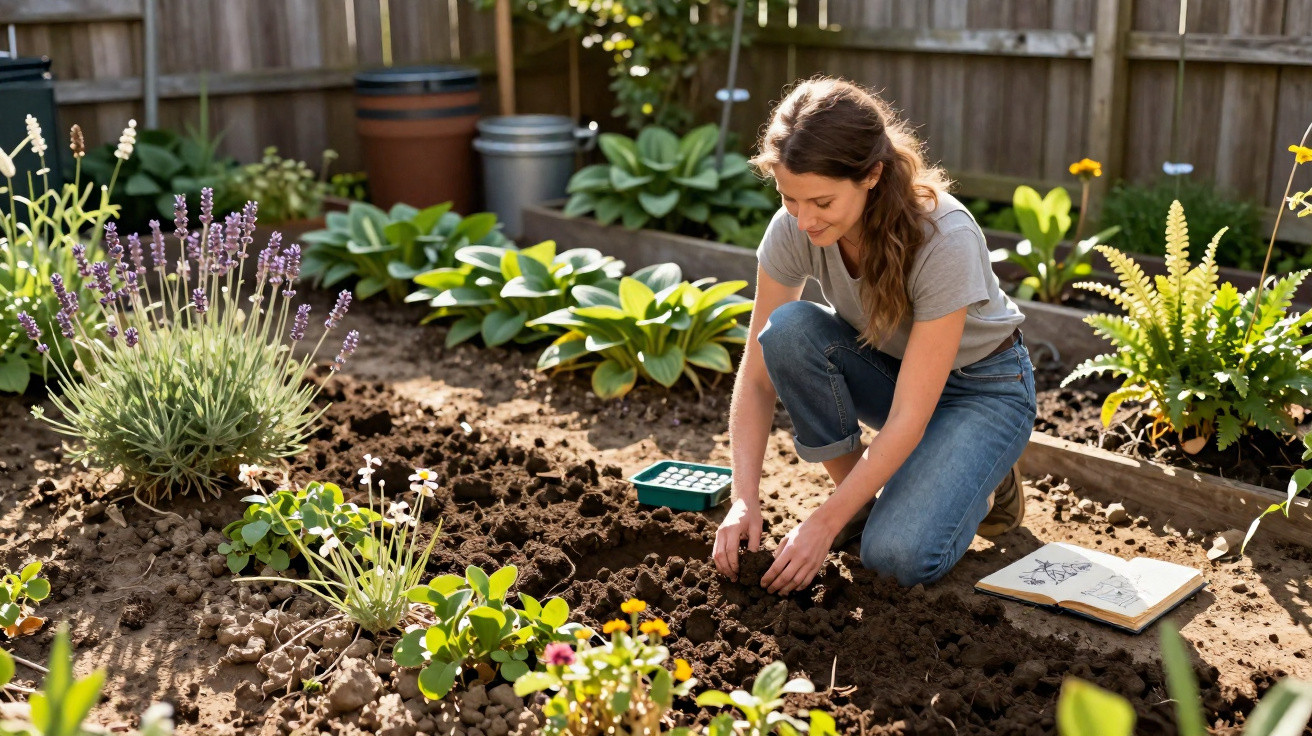 Mulher a plantar sementes numa horta em casa, rodeada de plantas e flores, com diário de jardinagem aberto.