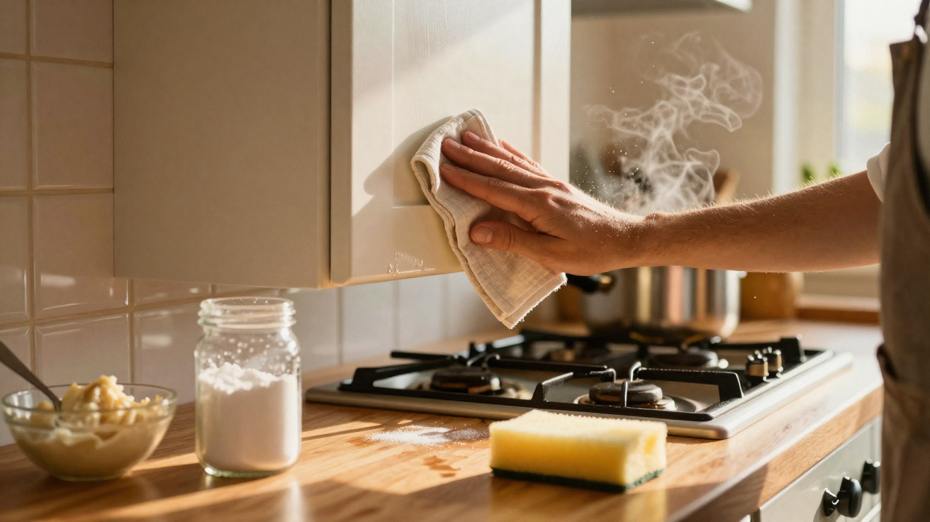 Mão a limpar armário de cozinha com pano, fogão a gás a soltar vapor e superfícies com utensílios de cozinha.