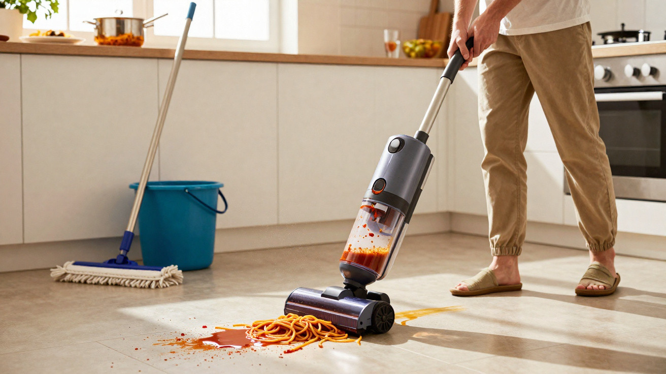 Pessoa a aspirar esparguete e molho vermelho do chão de uma cozinha moderna com eletrodomésticos.