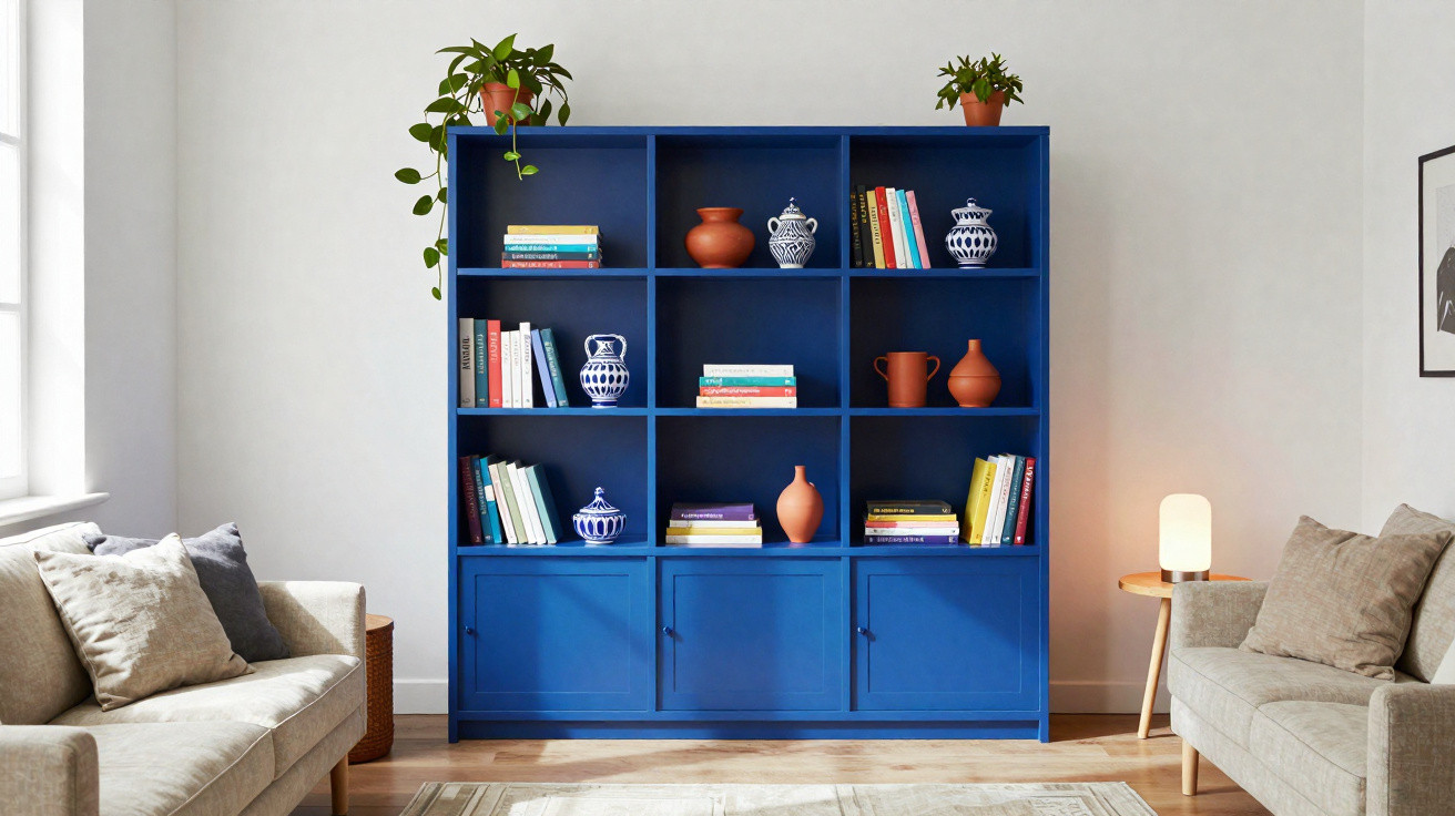 Estante azul com livros, vasos e plantas, entre dois sofás cinza numa sala iluminada.