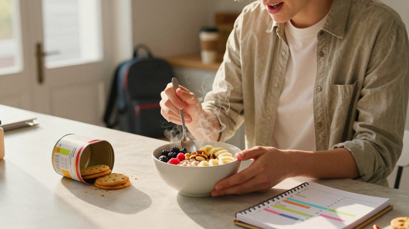 Pessoa a tomar pequeno-almoço saudável com fruta e aveia, ao lado de cadernos e bolachas numa mesa.