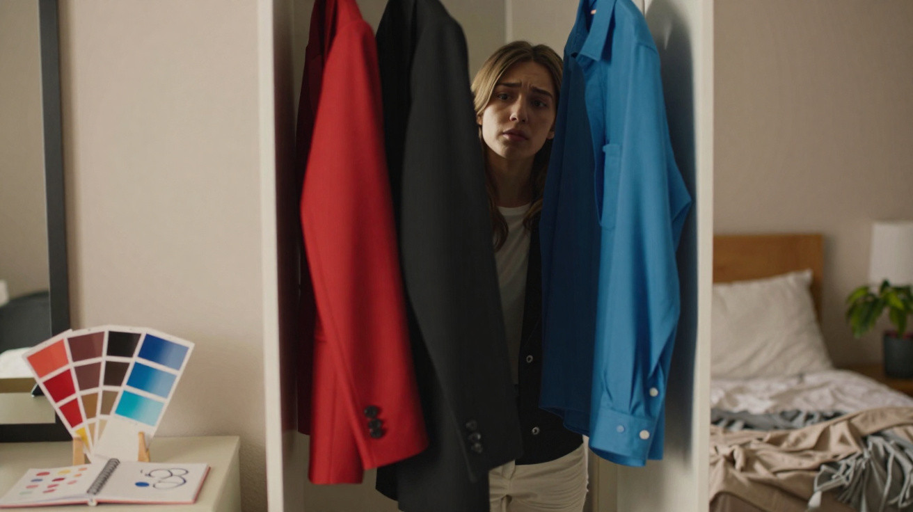 Mulher indecisa a olhar para três peças de roupa penduradas no guarda-roupa no quarto.