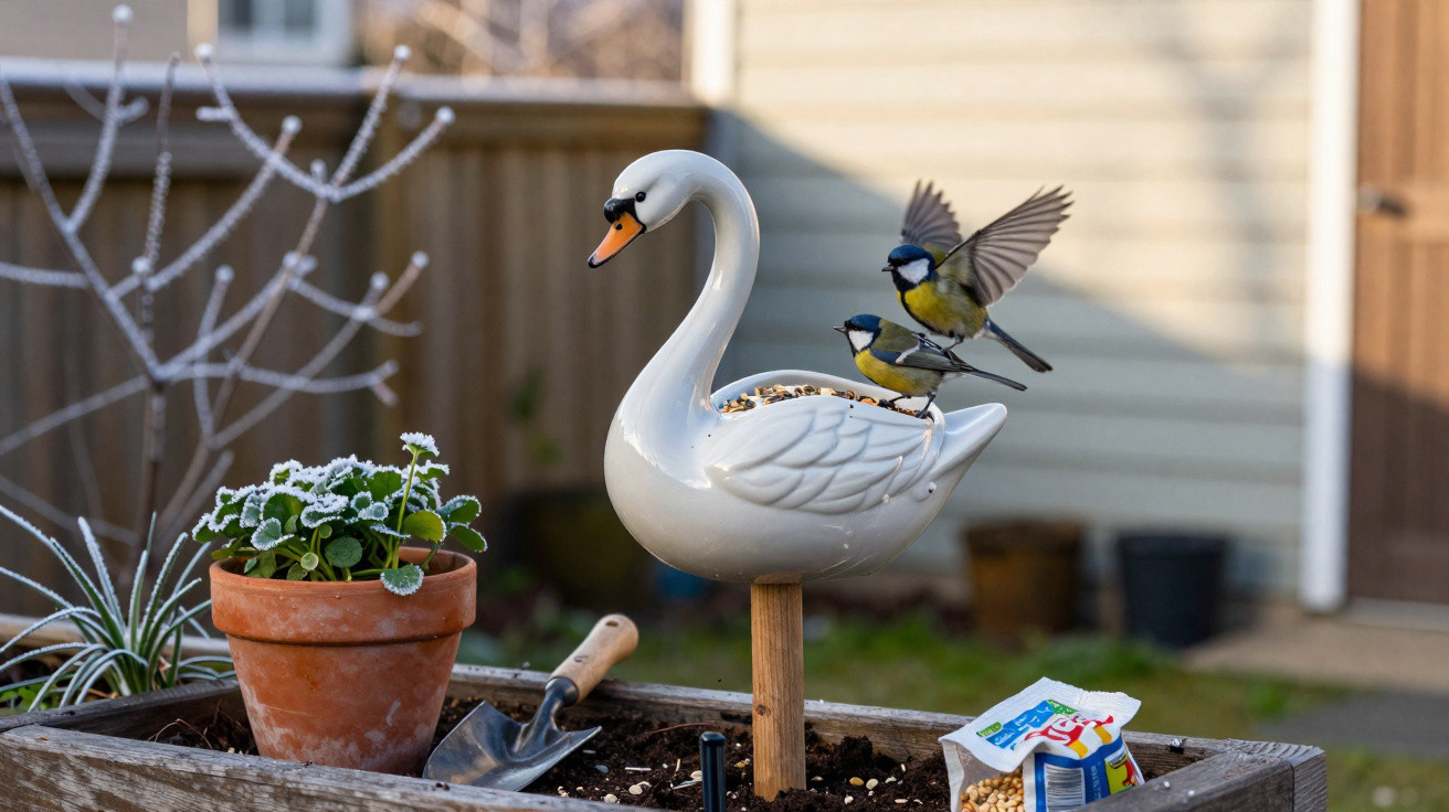Dois pássaros pousados numa comedouro de cisne branco num jardim com vaso de flores e pá e sementeiras.