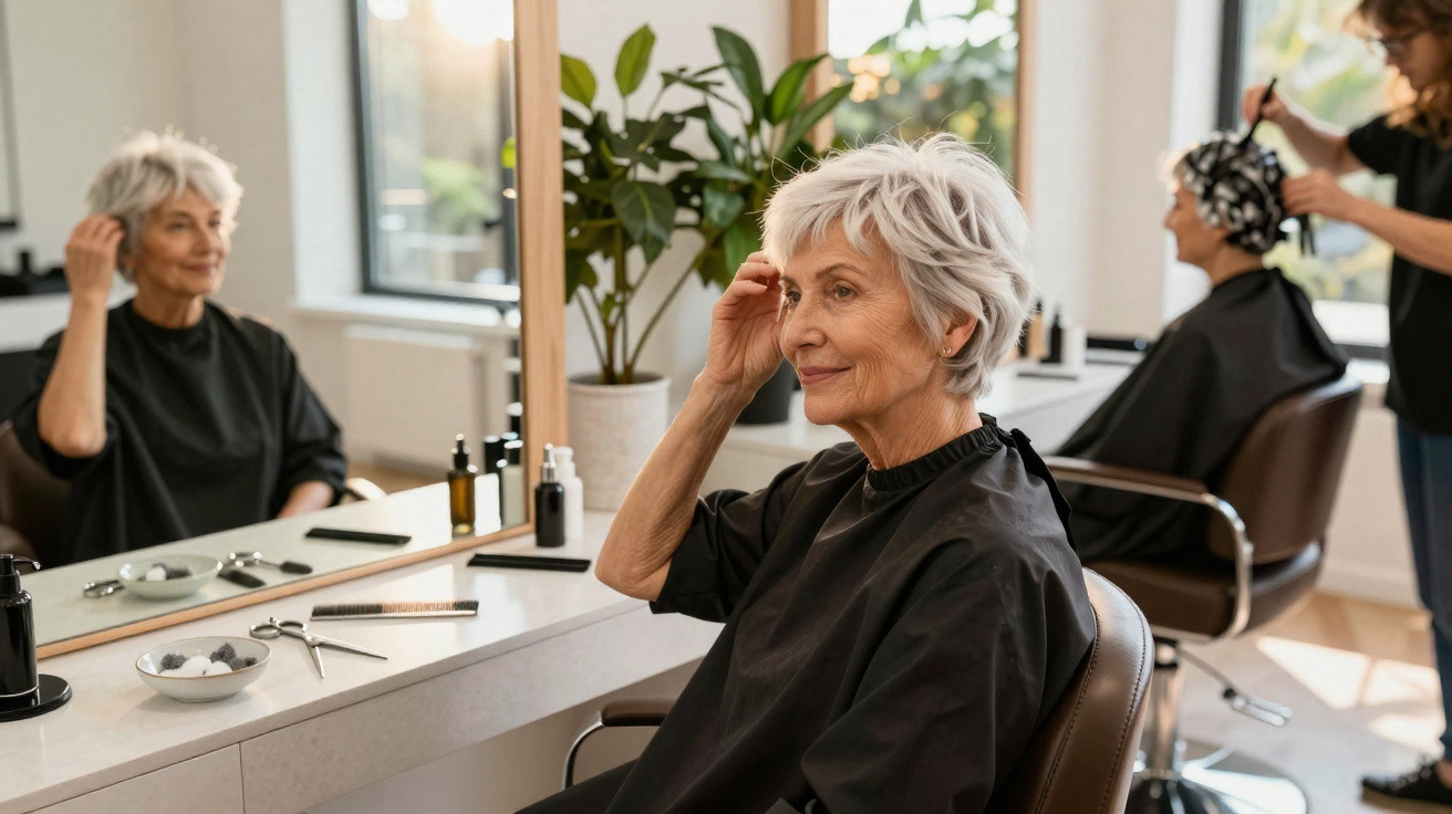 Mulher idosa com cabelo branco a olhar para o espelho num salão de beleza durante tratamento capilar.