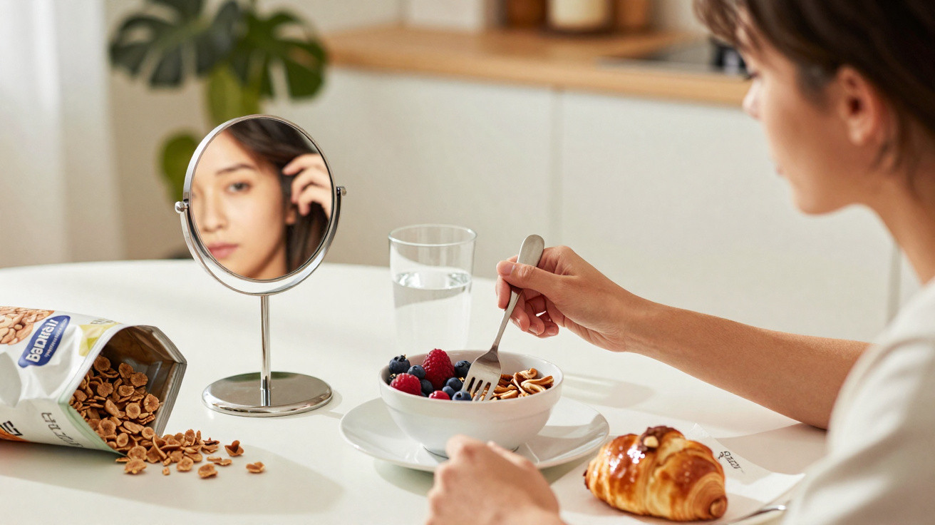 Mulher sentada à mesa, olhando ao espelho enquanto come cereais com frutos vermelhos e cruasanho.