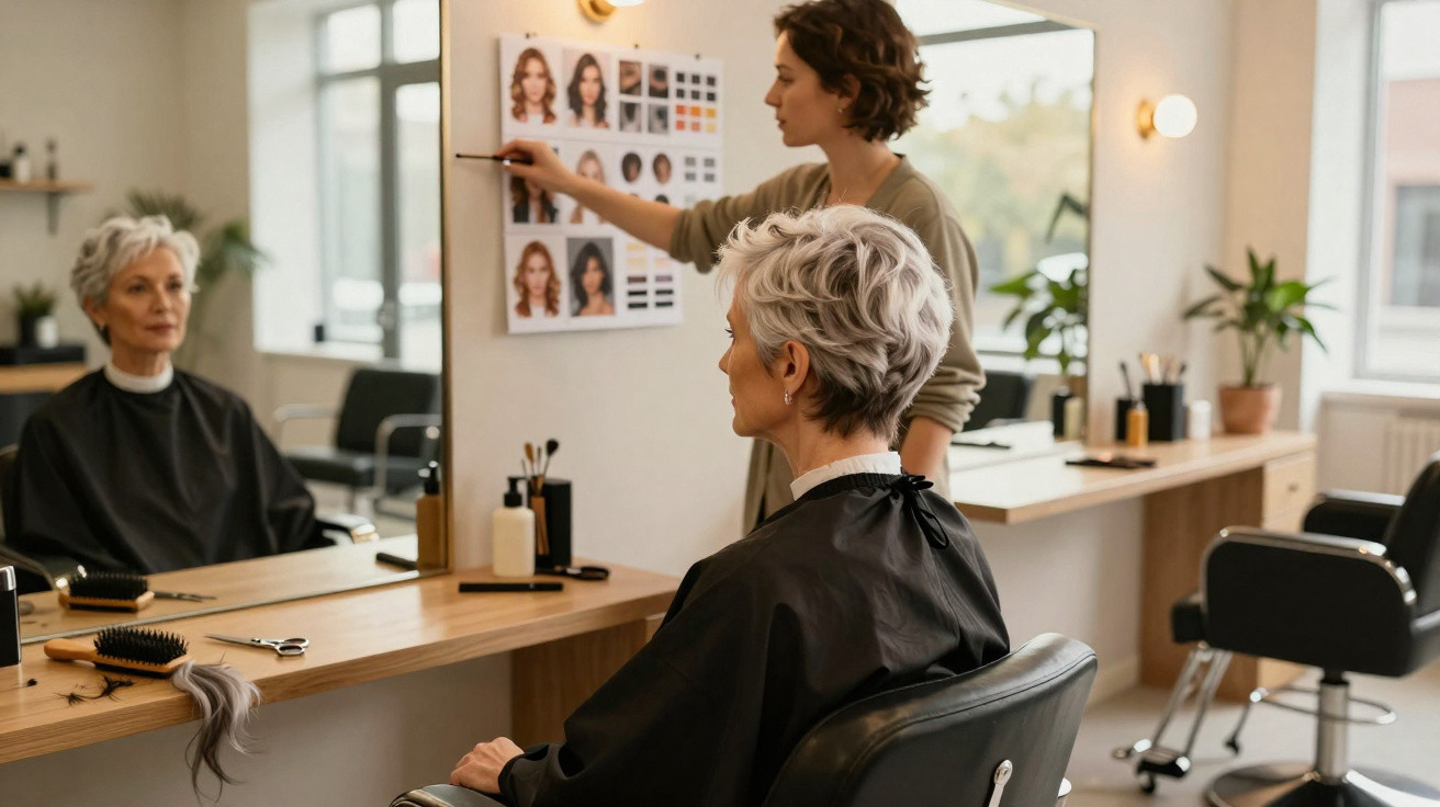 Mulher com cabelo grisalho sentada numa cadeira de cabeleireiro enquanto estilista aponta para opções de cabelo num espelho.