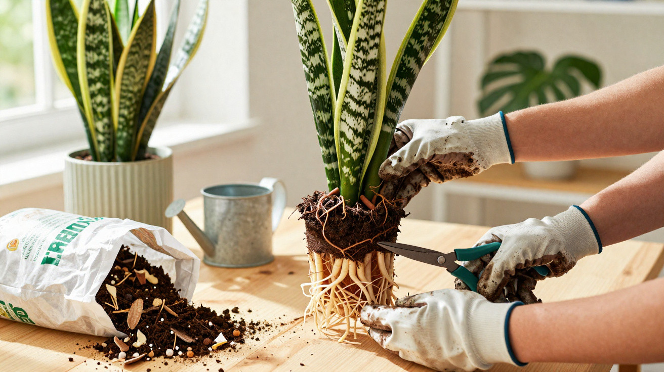 Pessoa com luvas a podar raízes de planta suculenta numa mesa de madeira com terra e regador.