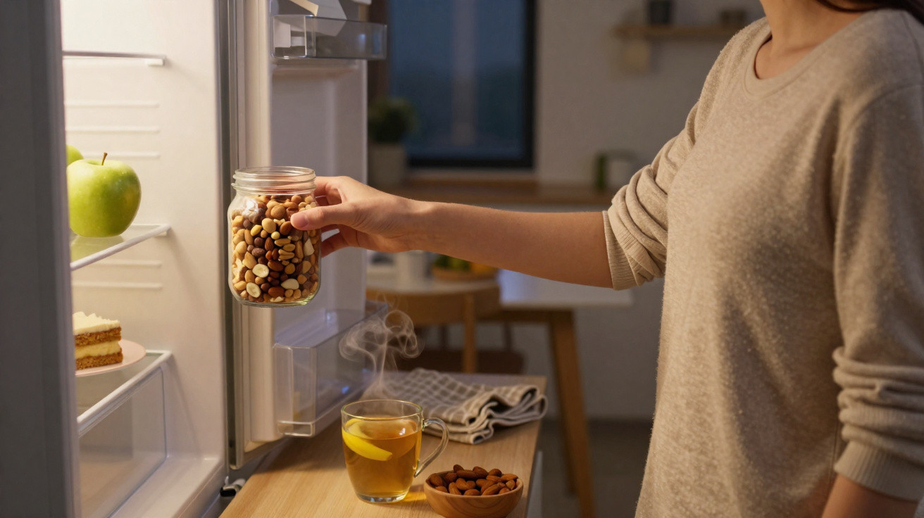 Pessoa a guardar pote de frutos secos na porta do frigorífico perto de chá quente com limão.