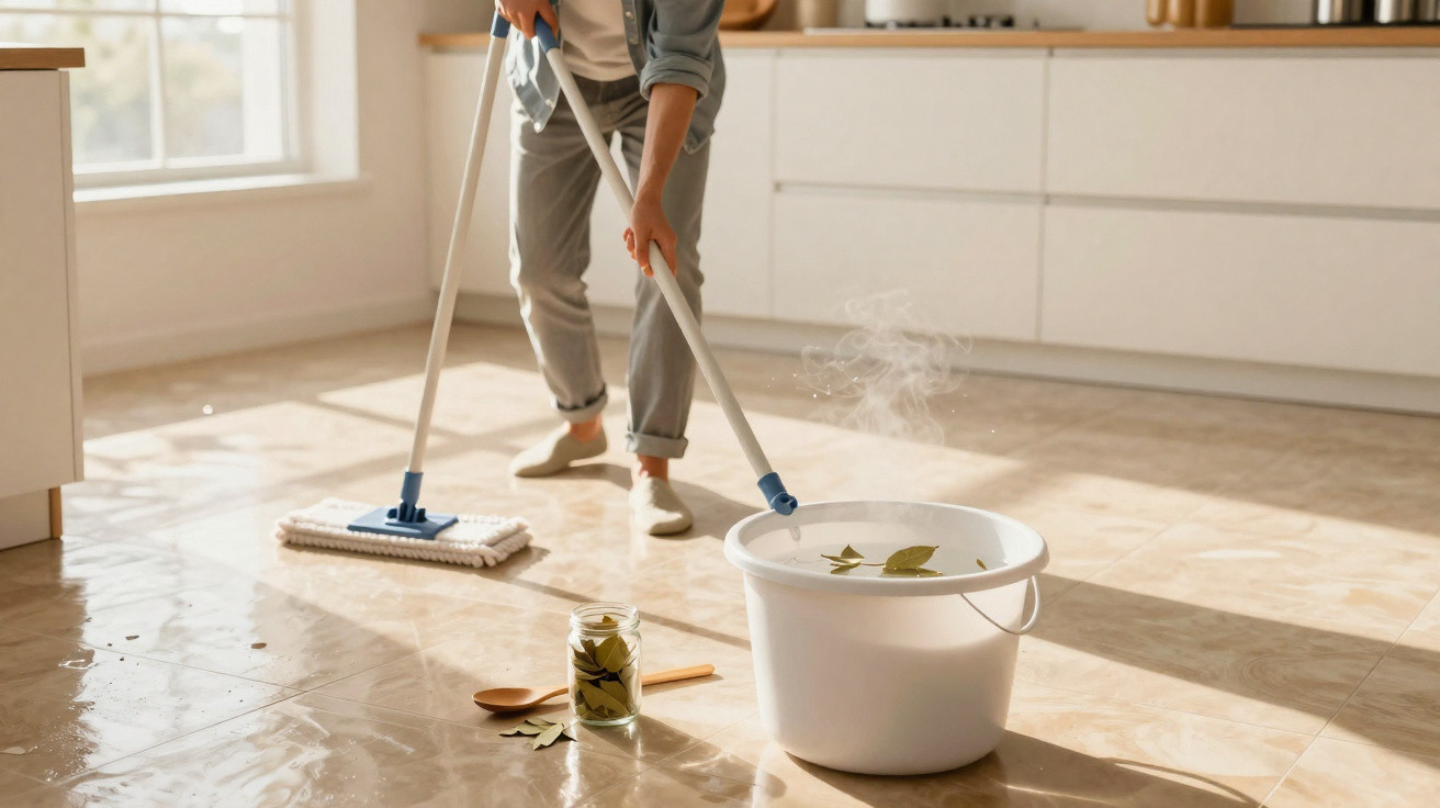 Pessoa a limpar chão de cozinha com esfregona e balde de água quente com folhas verdes.