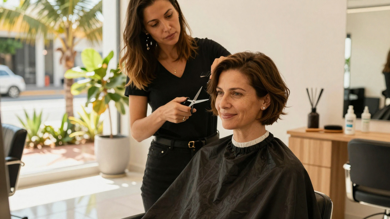 Mulher com capa preta sentada a cortar o cabelo num salão moderno com luz natural e plantas.