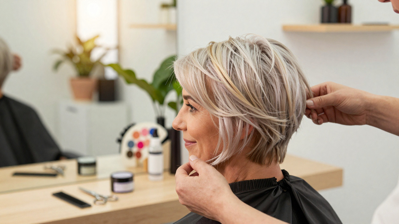 Mulher com cabelo curto loiro a ser penteada num salão de cabeleireiro.