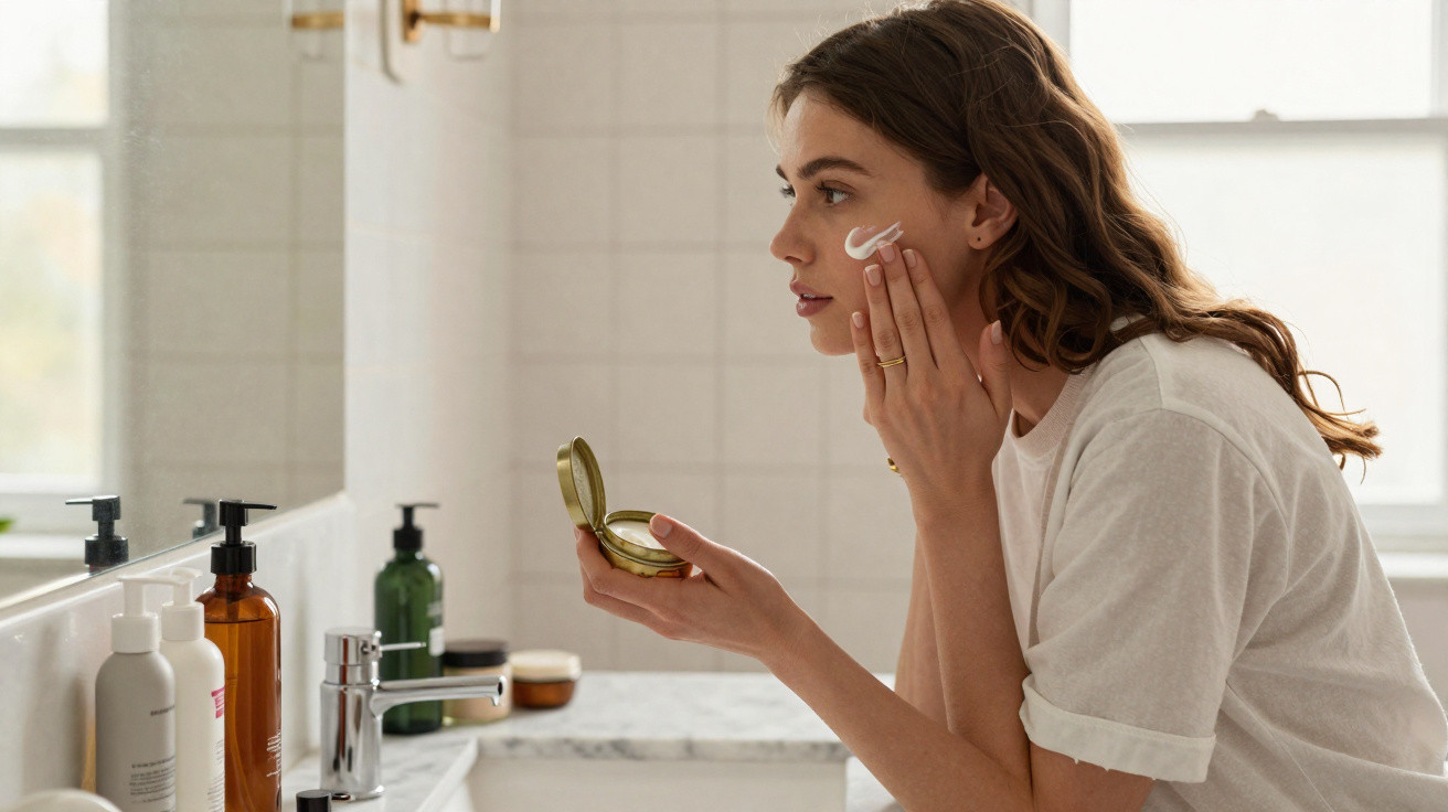 Mulher aplicando creme no rosto em casa, em frente a um espelho no banheiro claro.