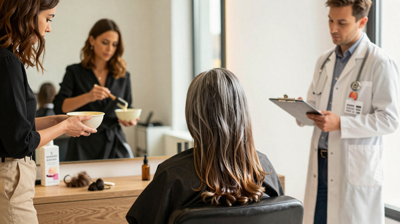 Mulher com cabelo a ser tratado num salão, com esteticista a aplicar produto e médico a observar com prancheta.