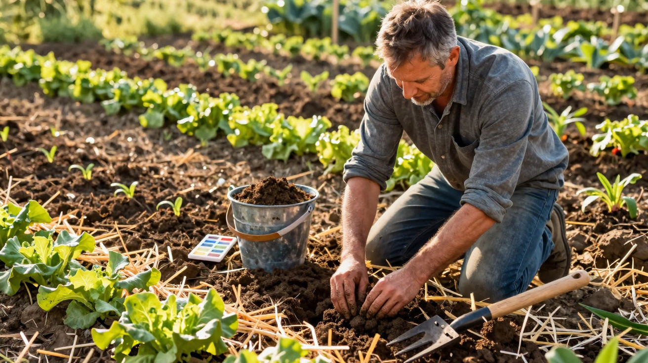 Homem a plantar mudas numa horta com rega por gotejamento e ferramenta agrícola ao lado.