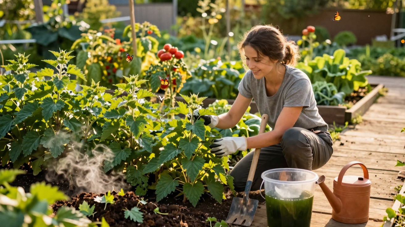 Mulher com luvas a cuidar de plantas num jardim com sol e borboletas ao redor.