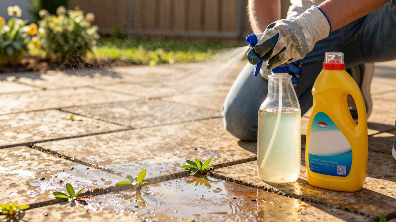 Mãos com luvas a pulverizar plantas pequenas que crescem entre os ladrilhos de um chão exterior.