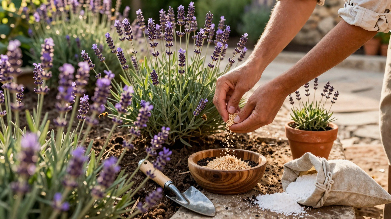 Mãos a fertilizar plantas de lavanda num jardim com pá de jardinagem e sacos de adubo.